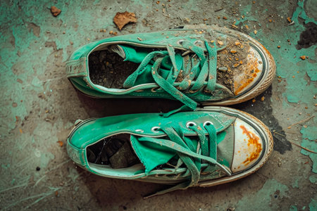 Vintage age-worn green sneakers on a dirty ground. Top view. AI generatedの素材