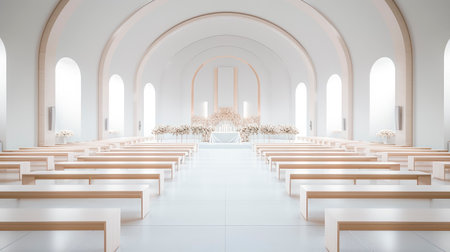An empty white chapel with arches, flowers decorations and rows of benches ready for wedding ceremony.  Empty church decorated with flowers.AI generatedの素材