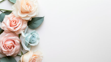 Invitation mockup with rose flowers. Roses on a white background. Flat lay, top view, copy space. AI generatedの素材