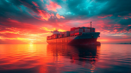 Huge container cargo ship at sunset. Container cargo ship in ocean at sunset dramatic sky background. International global business logistics transportation import export concept. AI generatedの素材