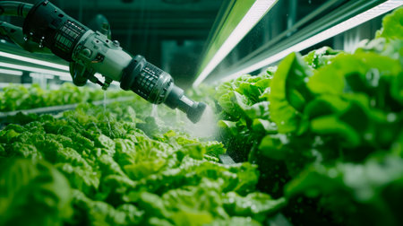 Smart robotic in agriculture futuristic concept.Smart robotic farmer spraying fertilizer on vegetable green plants. AI generatedの素材