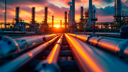 Oil refinery plant sunset, power plant on sunset, twilight background.  AI generatedの素材