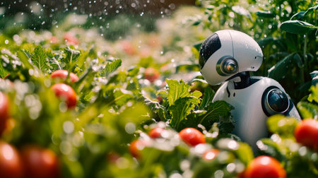 Smart robotic in agriculture futuristic concept. Robot farmer can be programmed to work to spray chemical,fertilizer or increase efficiency, growing and harvesting. AI generatedの素材