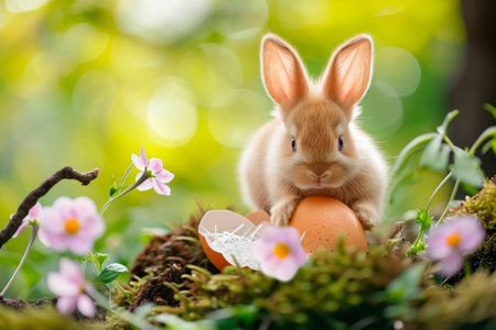 Happy Easter holiday background. Cute miniature rabbit with egg shell,  egg elements and spring flowers. AI generatedの素材