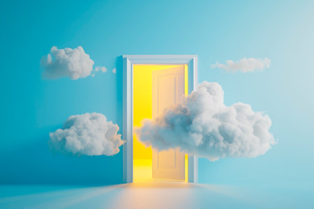 White cumulus clouds flying out the open door inside the empty blue room. AI generatedの素材