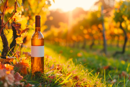 A bottle of wine sitting on the grass in the background of a vineyard at beautiful sunrise, autumn season. AI generatedの素材
