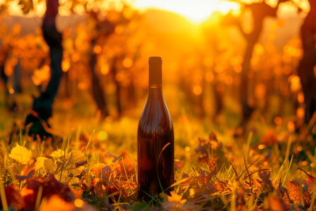 A bottle of wine sitting on the grass in the background of a vineyard at beautiful sunrise, autumn season. AI generatedの素材