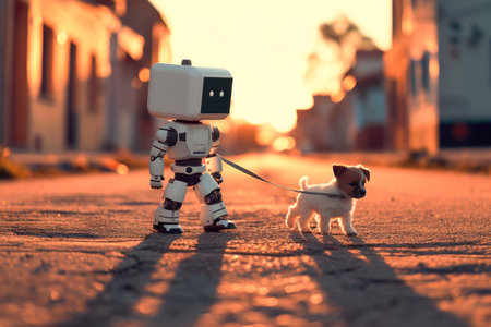 An adorable little cute robot walks his little dog on empty town street. AI robotic machine working daily routine chores. Artificial intelligence futuristic technology concept. AI generatedの素材