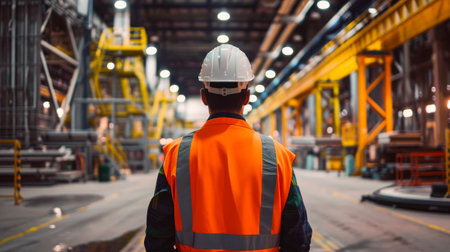 Rear view of an engineer, waering safety equipment standing in empty modern factory. Industrial specialist standing in a manufacturing plant. AI generatedの素材