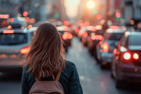 Rear view of woman in traffic jam walking among cars. Rush hour concept. AI generatedの素材