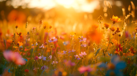 A field of summer wildflowers on early summer morning. Dream fantasy soft focus  landscape of vibrant flowers at sunrise. AI generatedの素材