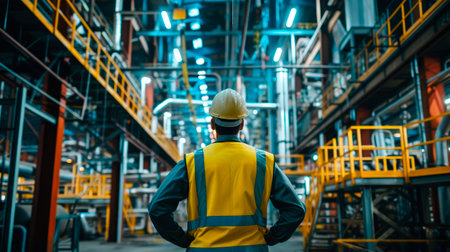 Rear view of an engineer, waering safety equipment standing in empty modern factory. Industrial specialist standing in a manufacturing plant. AI generatedの素材