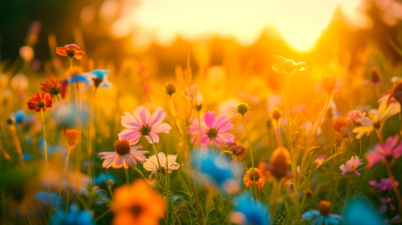 A field of summer wildflowers on early summer morning. Dream fantasy soft focus  landscape of vibrant flowers at sunrise. AI generatedの素材