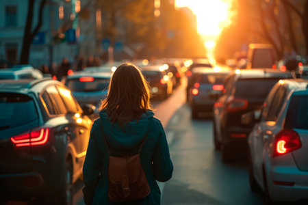 Back view of woman in traffic jam walking among cars. Rush hour concept. AI generatedの素材