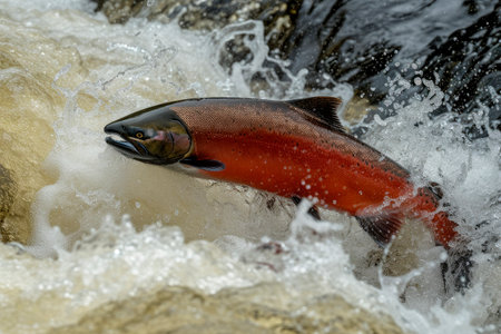 Salmon in a raging river. Salmon jumping upstream in river. AI generatedの素材