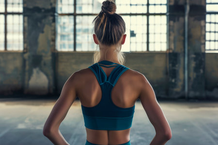 Cropped back rear view young woman with slim body. Lifestyle diet fit concept. AI generatedの素材