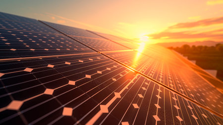 Arrangement of solar energy production plant. Solar panels reflect sparkling light from the sunset. Solar Panels At Sunset - Renewable Energy Concept. AI generatedの素材