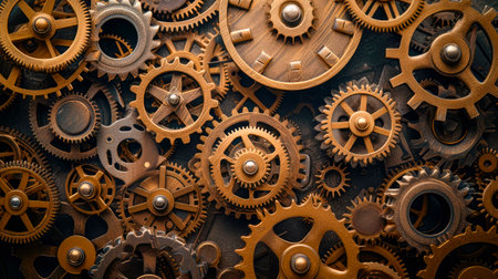 Close up of brass gears and cogwheels. Vintage gears macro view. Aged mechanical wheels background. AI generatedの素材
