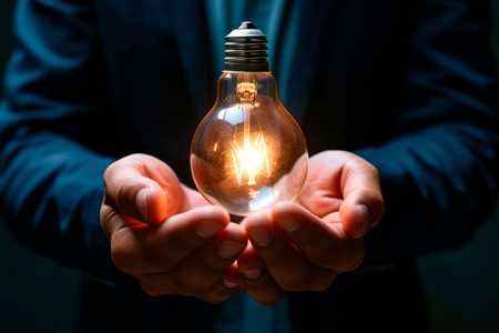 Light bulb in the hands of the businessman. The concept of the business idea. AI generatedの素材