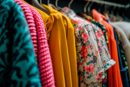 Close-up view of assorted clothes on hangers in a boutique displaying various patterns and textures. AI generatedの素材