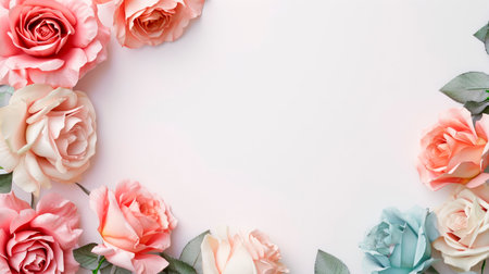 Floral corner arrangements with  roses and a leaves isolated on white background. Copy space. AI generatedの素材