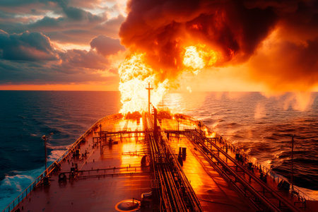 Fire on a cargo ship. A ship carrying crude oil is engulfed in flames. Explosion and fire on oil carrier on the high seas. AI generatedの素材