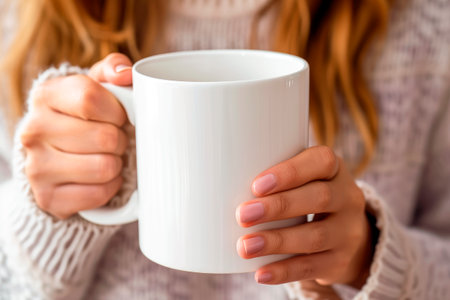 Big white mug for hot tea in female hands. Hands with cup mock up with empty space for your design. Close up image. AI generatedの素材