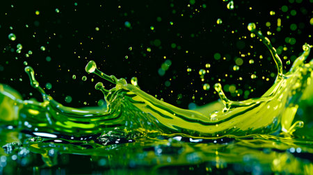 Green oil splatter effect on a dark background. Close-up of a green splash. AI generatedの素材