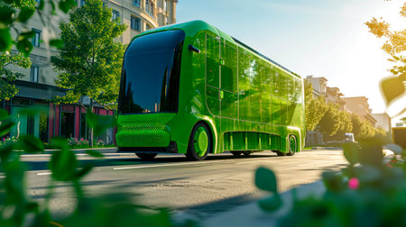 Autonomous eco-friendly shuttle bus self driving across city  road. Smart futuristic vehicle concept. AI generatedの素材