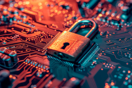 Lock on circuit board. Concept of network protection. AI generatedの素材
