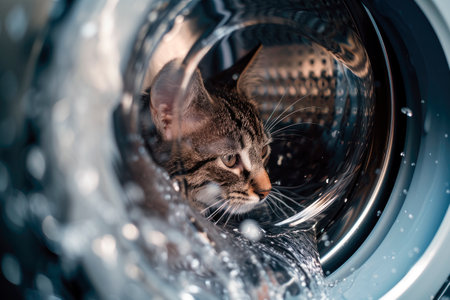 Scared cat inside washing machine drum with water flow and splashes. Concept for - accidental entrapment of pets in a front-loading washing machine. AI generatedの素材
