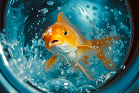 Scared golden fish inside washing machine drum with water flow and splashes. Concept for - accidental entrapment of pets in a front-loading washing machine. AI generatedの素材