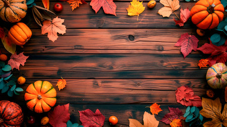Brown wooden background with vibrant autumn harvest accents. Copy space, flat lay, top view. AI generatedの素材