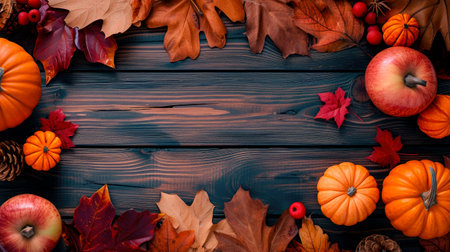 Rustic wooden background with vibrant autumn harvest accents. Copy space, flat lay, top view. AI generatedの素材