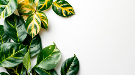 Creative layout made of tropical leaves on white background. Minimal summer exotic concept with copy space. AI generatedの素材