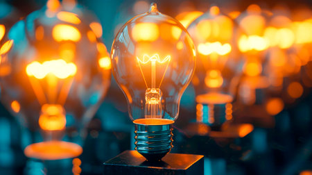 Group of many electric light bulbs with incandescent filament. AI generatedの素材