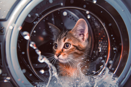 Washing machine drum with water flow,splashes and scared cat inside. Concept for - accidental entrapment of pets in a washing machine. AI generatedの素材
