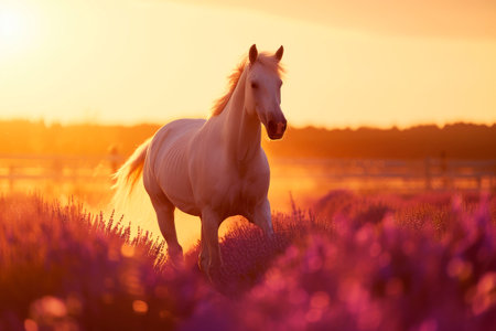 Horse free run in purple lavender flowers agaist sunset sky. AI generatedの素材