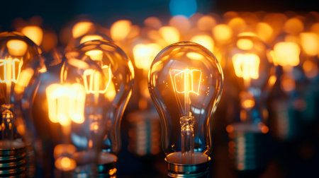Close up many glowing lamps in a darkness.Concept of good ideas.AI generatedの素材