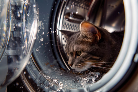 Washing machine drum with water flow,splashes and scared cat inside. Concept for - accidental entrapment of pets in a washing machine. AI generatedの素材