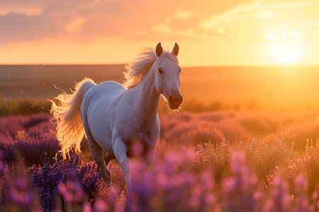 Beautiful horse running in lavender field under sunset  sky. AI generatedの素材