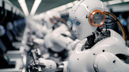 Group of robots working on a segment of the assembly line, showcasing the harmony between technology. AI generated.の素材