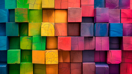 Abstract  rainbow colors colored wooden cubes texture wall background.Spectrum of stacked multi-colored wooden blocks. AI generatedの素材