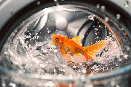 Scared golden fish inside washing machine drum. Concept for - accidental entrapment of pets in a washing machine. AI generatedの素材