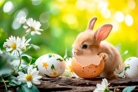 Happy Easter holiday background. Cute miniature rabbit with egg shell,  egg elements and spring flowers. AI generatedの素材