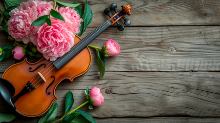 Classic violin music string instrumt with pink peony flowers on old  wooden background. Classical musical, romantic valentines day concept. AI generatedの素材
