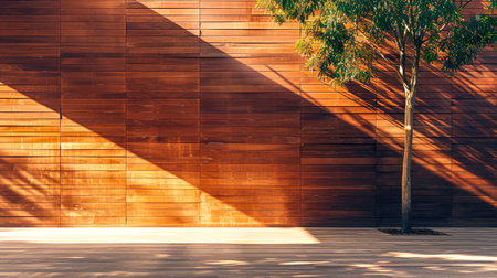 Wall construction with insulating wood cladding in countryard.Modern house exterior with decorative wooden wall. AI generatedの素材