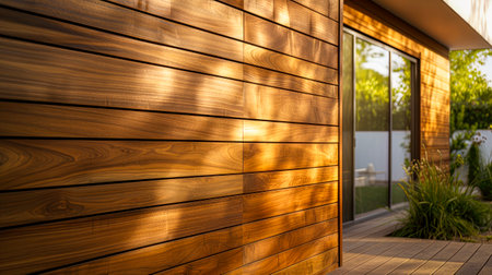 Wall construction with insulating wood cladding in countryard.Modern house exterior with decorative wooden wall. AI generatedの素材