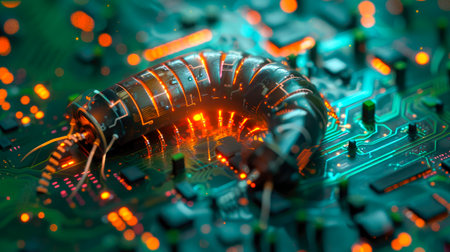 Close up of a cyber worm crawling on a computer electronic circuit board. Cyber attack, malware concept. AI generatedの素材