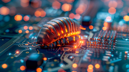 Close up of a worm crawling on a computer electronic circuit board. Cyber attack, malware concept. AI generatedの素材